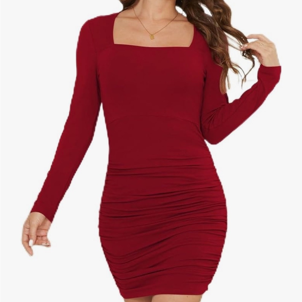 Red Long Sleeve Ruched Dress